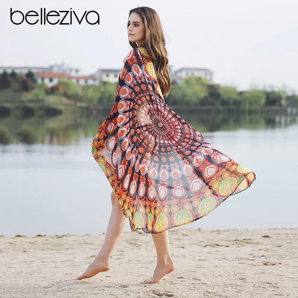 

Belleziva Beach Wear Towel Picnic Tapestry Print Mat Women Beach Cover Up Shawl Robe De Bain Swimsuit Cover Ups Pareos Sarongs