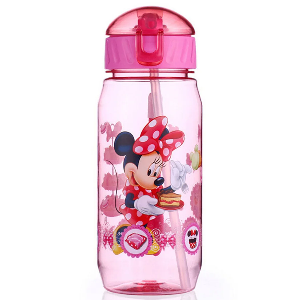 Plastic Water bottle for Children Cartoon Minnie Mickey With lid Hiking Straw 