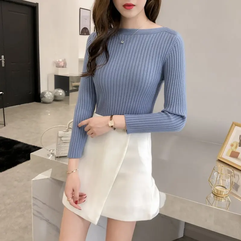Spring new women's sweater fashion regular pullover tight-fitting slim knit female models one-shoulder bottom coat women | Женская
