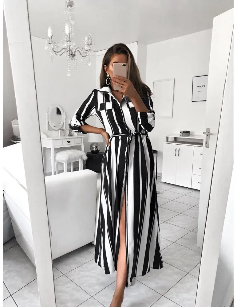 

Fashion Turn-Down Collar Women Stripped A-line Dresses Spring Lace Up Long Sleeve Blouse Dress Plus Size Sashes Stripe Dress