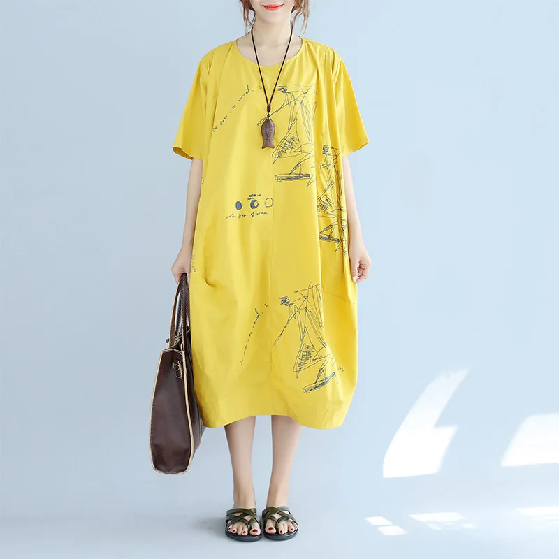 LANMREM 2020 Summer New Pattern Loose Casual Irregular Printing Dress Round Collar Short Sleeve Large Size Cloth For Women YH167