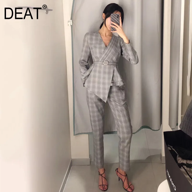 

DEAT 2019 Spring Summer New Fashion Plaid Striped Belt Casual Small Suit Jacket Nine Points Casual Pants Ladies Two-piece QF365
