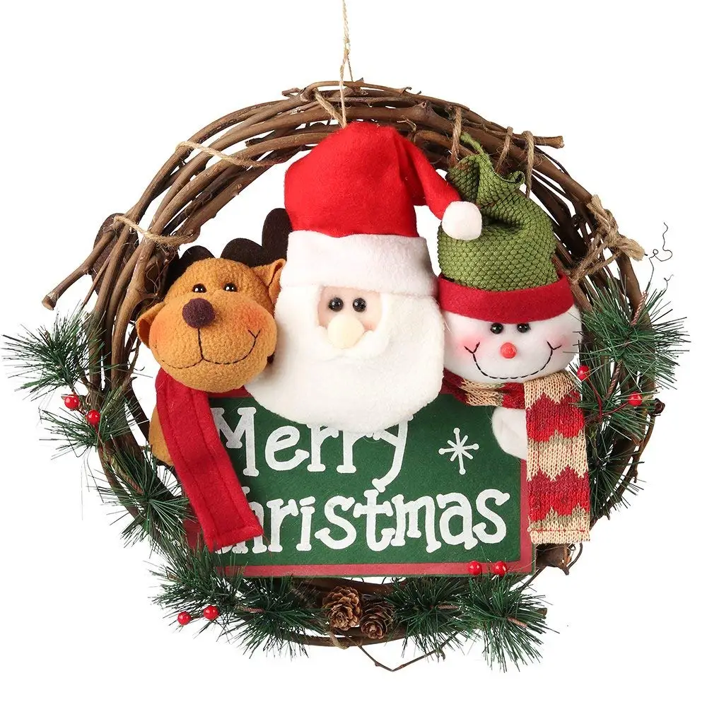 33cm Merry Christmas Wreath Decor Grapevine Wreath Front Door Wreaths Reindeer Snowman Santa Claus