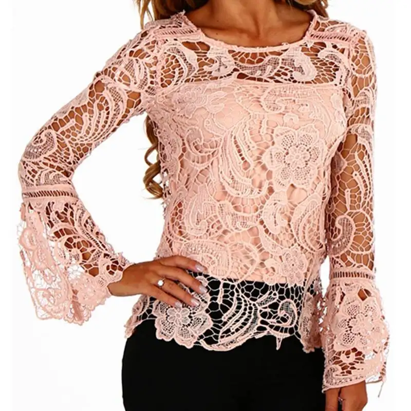 عارضة فضفاض انظر من خلال تي شيرت المرأة 2019 الصيف جولة الرقبة طويلة الكشكشة الأكمام خليط تفريغ الدانتيل مثير قمم المحملات 2XL