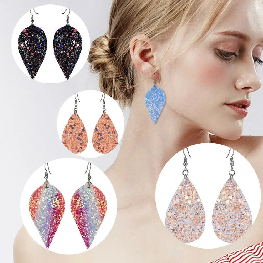 

2019 New Sparkle Leaf Shaped Earrings PU Leather Shinny Sequins Looking Various MultiColors Bohemia Water Drop Dangle Earring