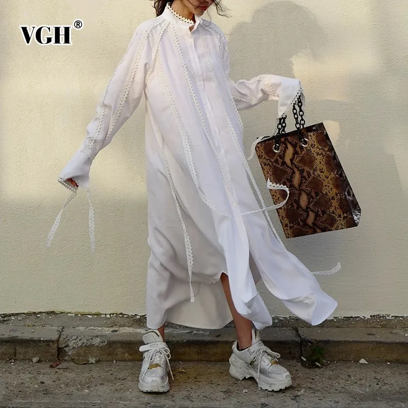 

VGH Spring Vintage White Women Dress Stand Collar Long Sleeve Button Lace Loose A Line Ankle Length Female Dresses Fashion 2019