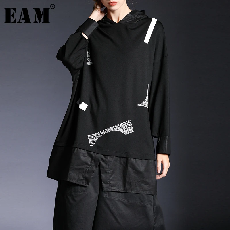 [EAM] 2019 новый сезон: весна-лето с капюшоном длинным рукавом черный принтом Vent Свободные Большой размеры Толстовка для женщин мода прилив JR702