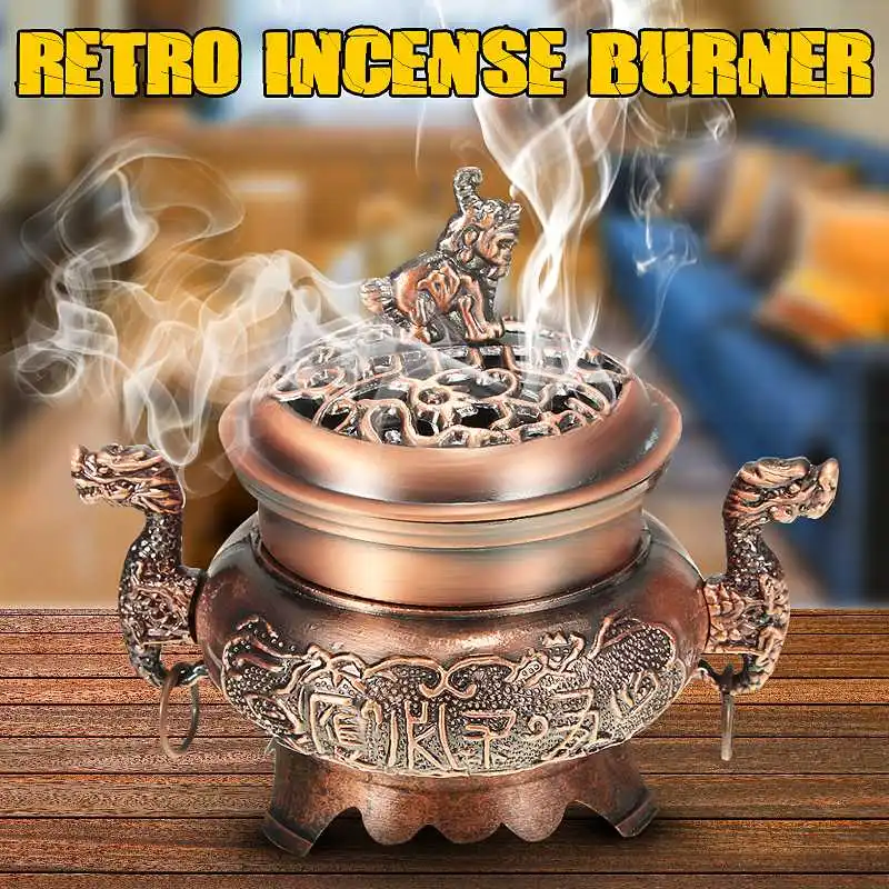 

Chinese Alloy Double Dragon Hollow Cover Incense Burner Censer Holder Handmade Censer for Buddhist Home Office Teahous Decor