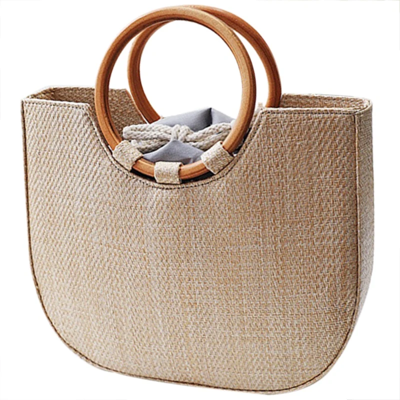 

Rattan Bag Women Summer Straw Bag Fashion European And American Beach Bag Qoven Solid Wood Wild Shoulder Messenger Bag(B Khaki