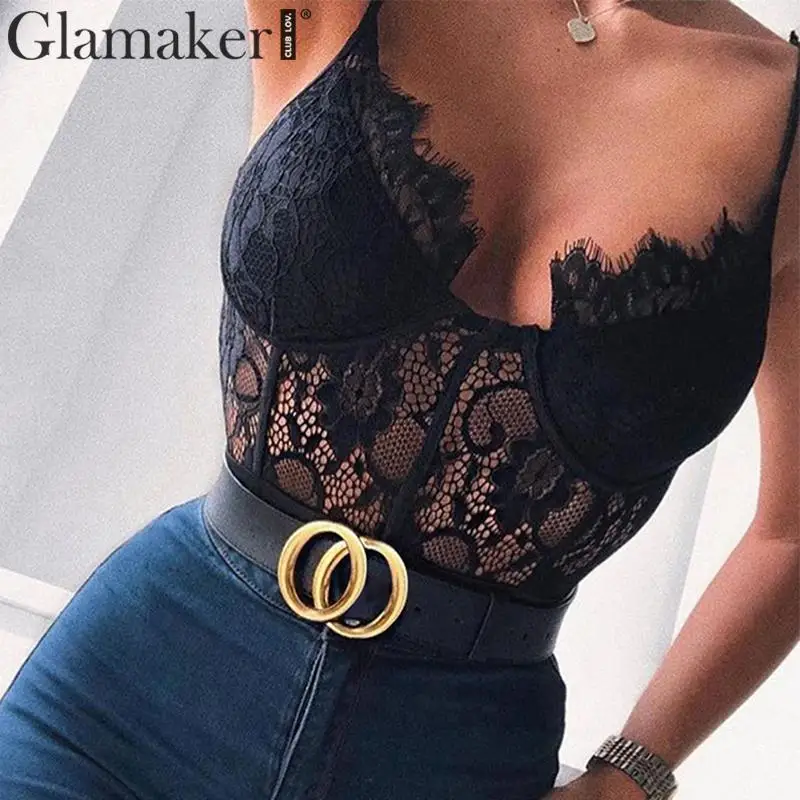 Glamaker الخامس الرقبة الدانتيل من قطعة واحدة ارتداءها النساء شفافة عارية الذراعين مثير ارتداءها الصيف أزياء خمر أنيقة الإناث ارتداءها