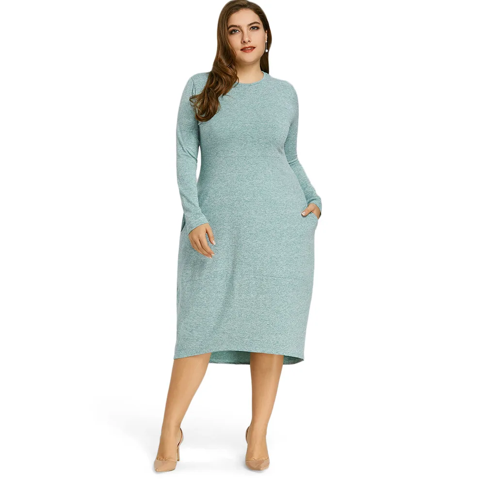 2019 Весна Женщины Midi Dress Плюс Размер Высокой Талией O Шеи С Длинным Рукавом Осень