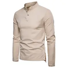 Long-sleeved T Shirt Men Solid color Two buttons Stand collar Linen Tops Tees T Shirts Fitness Clothing color block stand collar t shirt