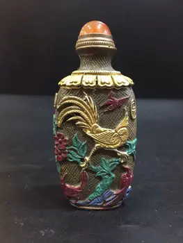 

Chinese Antique Copper carved phoenix flower snuff bottle