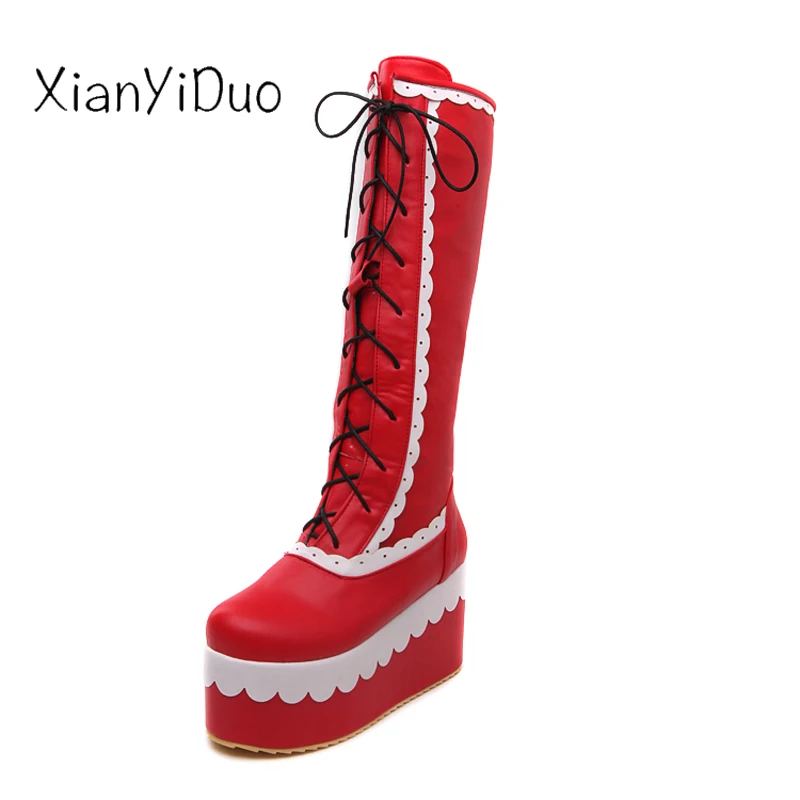 

Xianyiduo Fashion Women's Shoes platform Mid-Calf Lace-Up Boots Cartoon Animation Round Toe high Heels large plus size 34-50/a42