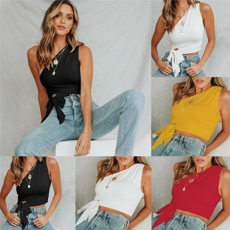 

Women's Summer Sexy Sleeveless Vest One Shoulder Slim Strap Cut Top Vest