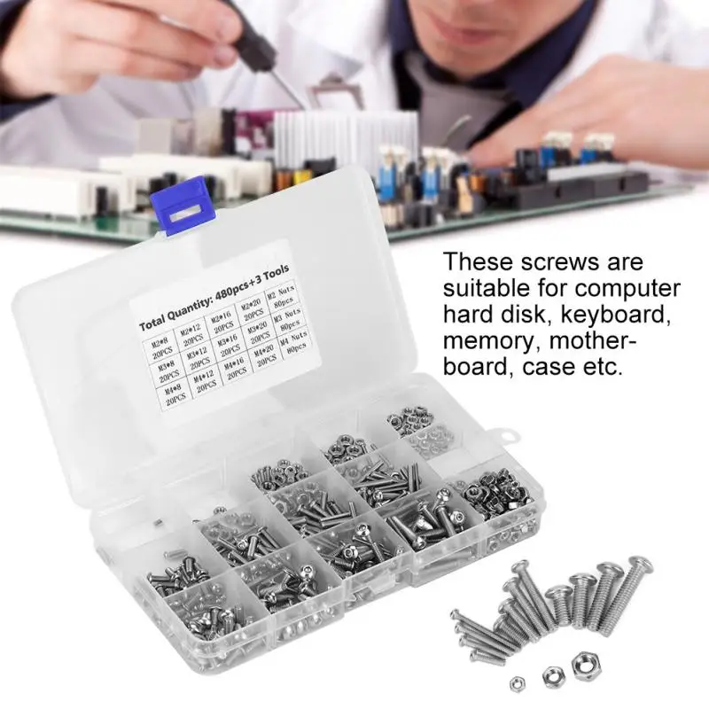 

480Pcs M2/M3/M4 Screw Machine Screws Set Screws&Bolts Stainless Steel for Laptop/Phone/PC/Hard Disk/Keyboard