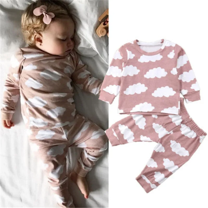 

0-24M New Born Baby Clothes 2pc/Se Pink Cloud Print Long Sleeve Pajamas Clothing Set Toddler Baby Boys Girls Sleepwear Outfits