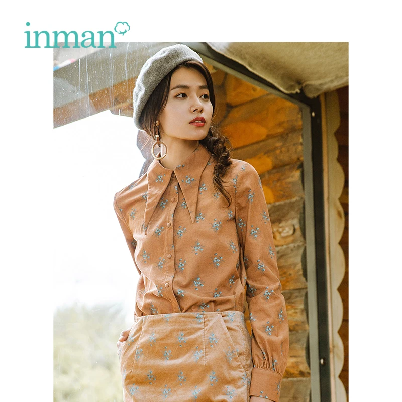 

INMAN Winter New Arrival Turn Down Collar Embroidery Retro Artistic Flower Pattern Women Winter Blouse Shirt