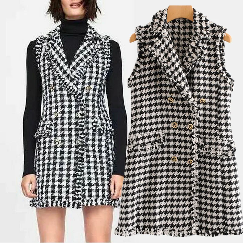 

Autumn High Street Causal Women Plaid Tweed Dress Double Breasted Slim Vest Dresses 4437/265