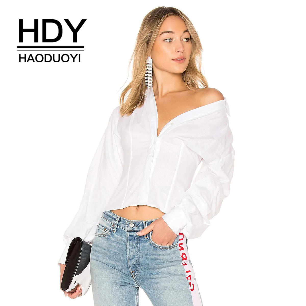 

HDY Haoduoyi Wide long sleeves sexy v-neck lapel slim shirt