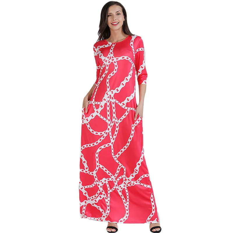 

2019 Summer New Boho Chic Round Neck Slim Chain Print Loose Straight Sexy Party Long Dresses Steampunk