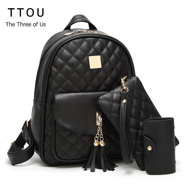 

TTOU Women Fashion Plaid Backpack Pu Leather School Backpack for Teenager Girls Black Backpacks Mochila Backpack 3pcs/set