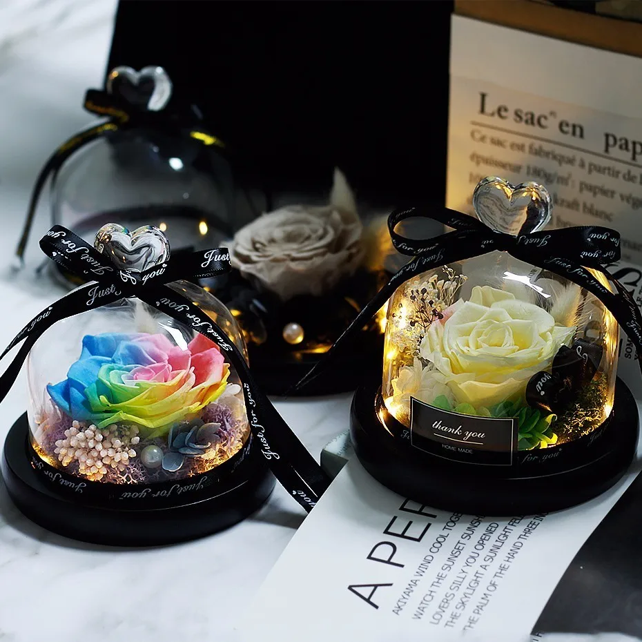 

15 Kinds Of Roses In Flask LED Rose Flower Light Black Base Glass Dome Best For MotherS Day Valentines Wedding Favors And Gifts