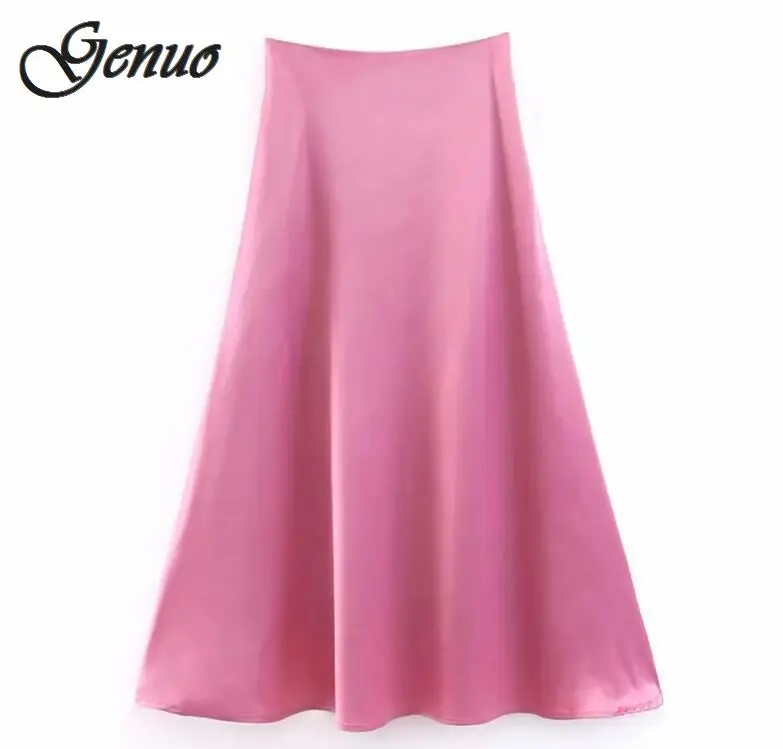 

2019 Spring Summer Cute Silk Pink Skirt Womens High Waist Long Skirt Irregular Hem Bottoms A Line