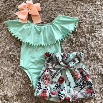 

0-18M Newly Summer Kids Baby Girls Clothing 2PCS Sets Tassel Short Sleeve Romper Tops Flowers Shorts Clothes