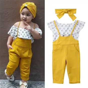 

Toddler Baby Girl Kids Clothes Set Off Shoulder Ruffle Tops+Long Suspender Pant+Headband Clothes Baby Girl Summer Clothing Set