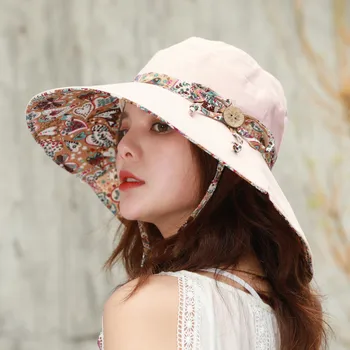 

Double-Sided Wear Ms Summer Korean-Style Outdoor Sun Big-Brimmed Visor Cloth Cap Bow Button Fashion Beach Hat
