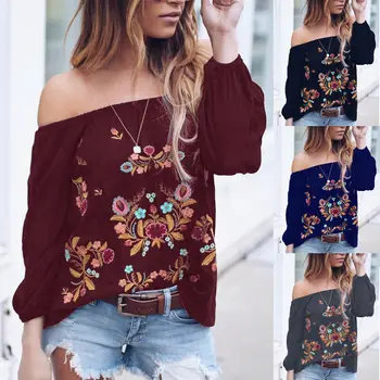 

New Women Ladies Off Shoulder Long Sleeves Loose Tops Embroidery Floral Loose Shirt Blouse Tops Plus Size
