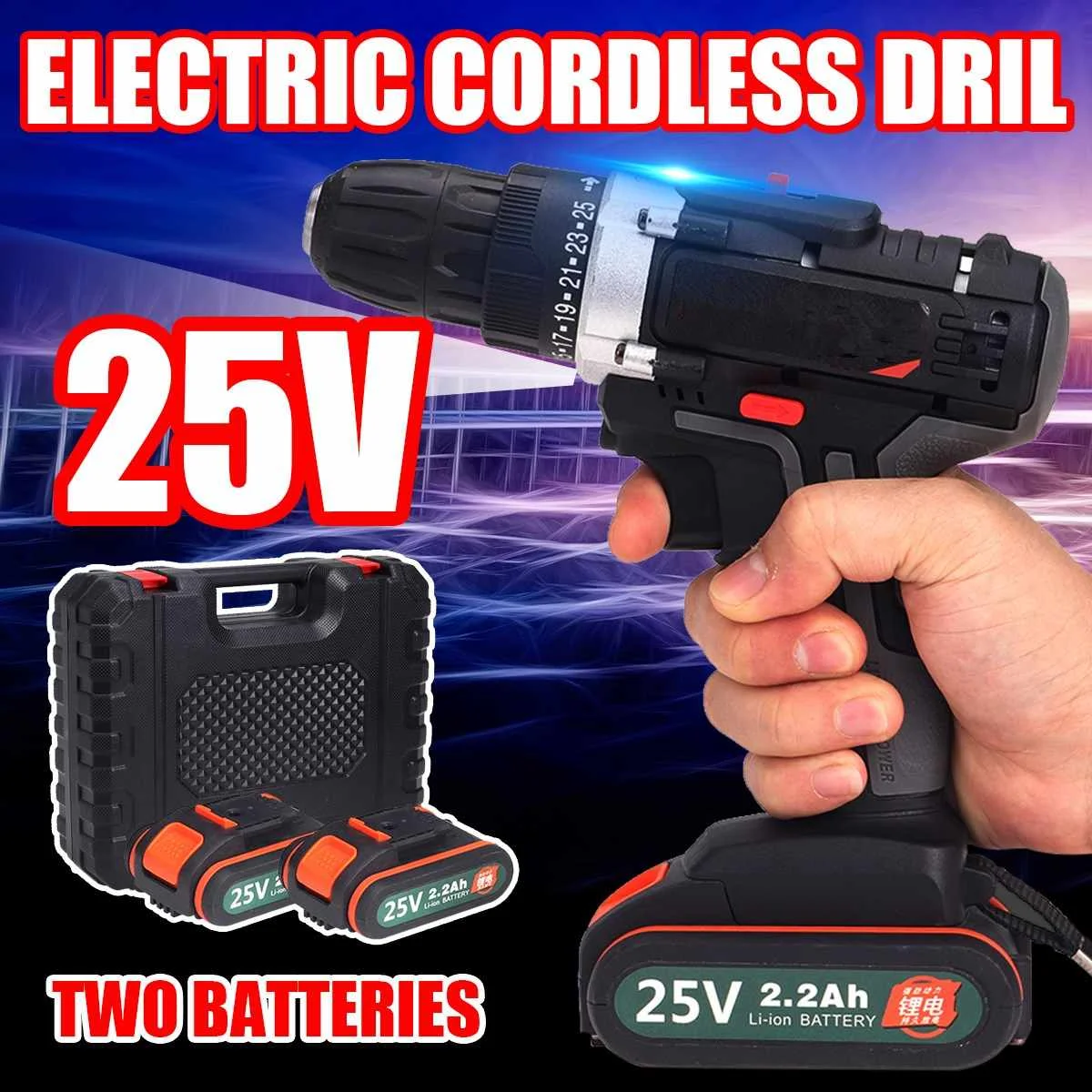 

25V Cordless Impact Drill 2-Speed Electric Torque Screwdriver 2200mAh Li-ion Battery Rechargeable Drill 220V Power Tools US Plug