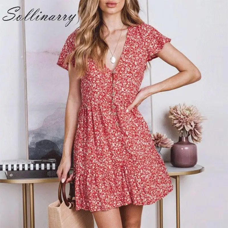 

Sollinarry Fashion Deep V neck Buttons Casual Dress Women Retro Sexy Summer Dress Women 2019 Floral Short Sleeve Dresses Vestido