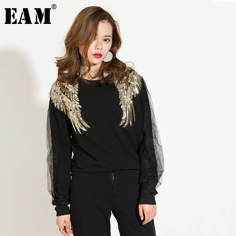 

[EAM] 2019 Nwe Spring Fashion O-neck Split Joint Gauze Long Sleeve Double Wings Black Loose Sweatshirts Woman Tide KS0641