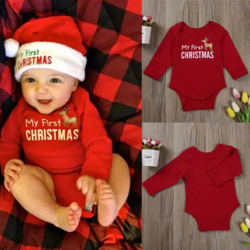 От 0 до 18 месяцев, один предмет, для новорожденных, для маленьких девочек, для первого Рождества, с длинными рукавами, с буквенным принтом, с оленем, красный комбинезон, комбинезоны, одежда