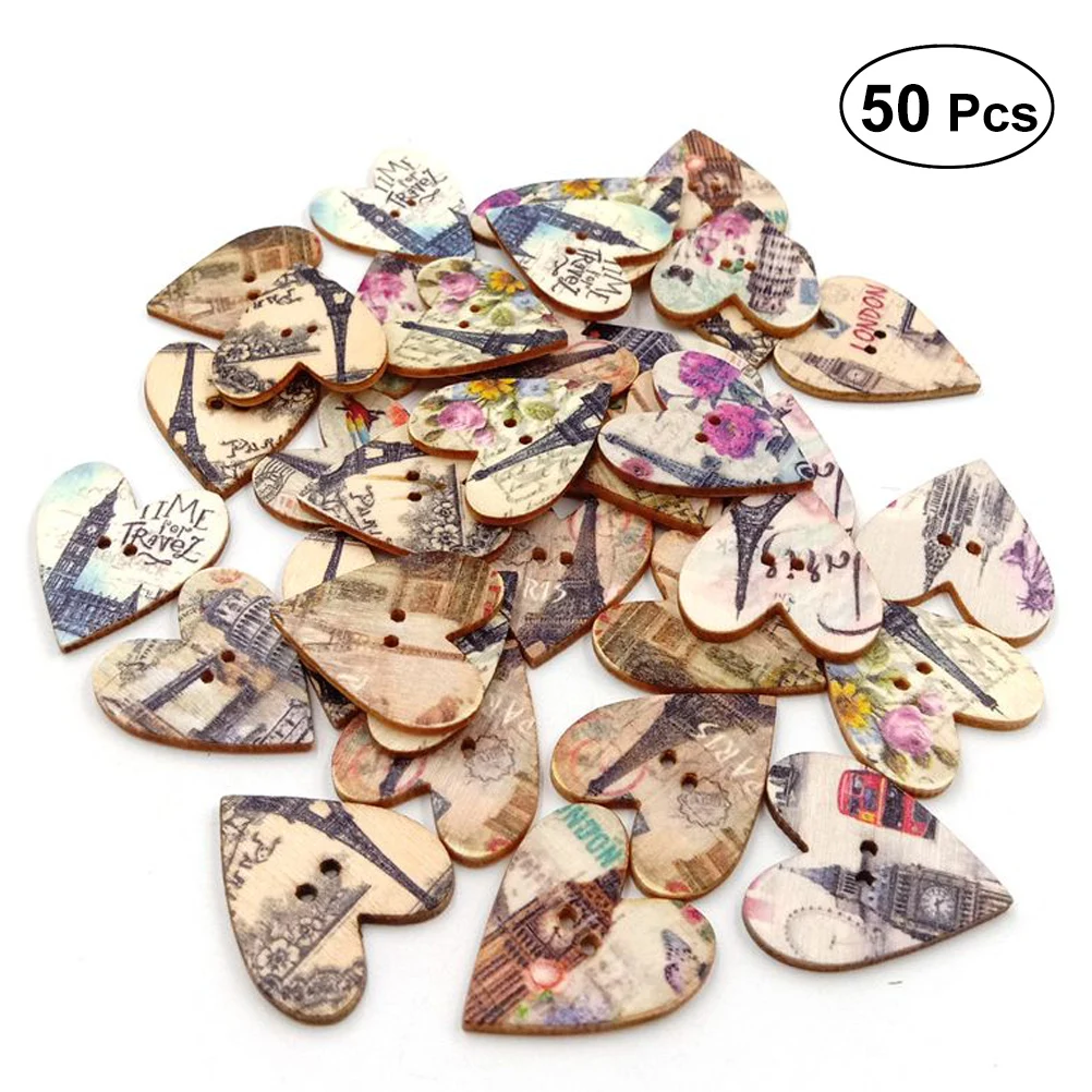 

50PCS 25MM 2 Holes Decorative Eiffel Tower Pattern Heart Shape Log Painted Fasteners Buttons for Sewing Scrapbooking Crafts