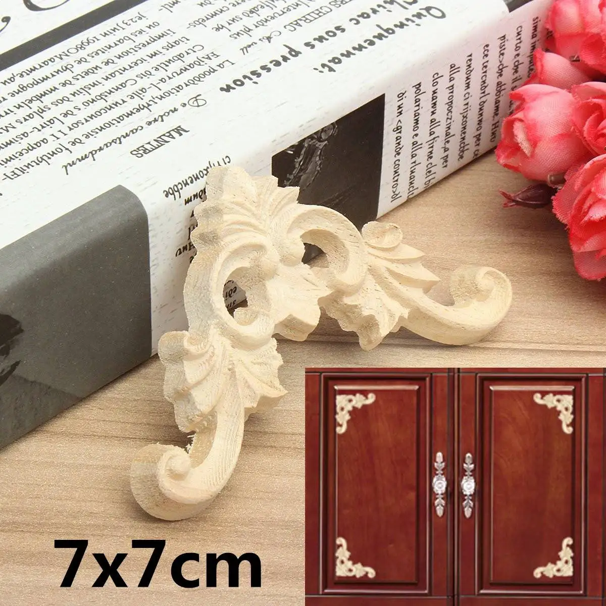 

KiWarm 4Pcs Unpainted Vintage Wood Onlay Applique Wooden Oak Woodcarving Decal For Home Furniture Wall Cabinet Door Decor 7x7cm