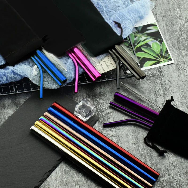 

5pcs Reusable Stainless Steel Straight Bent Juice Drinking Straws with Cleaner Brush Kit Home Supplies 6*215mm 7 Colors