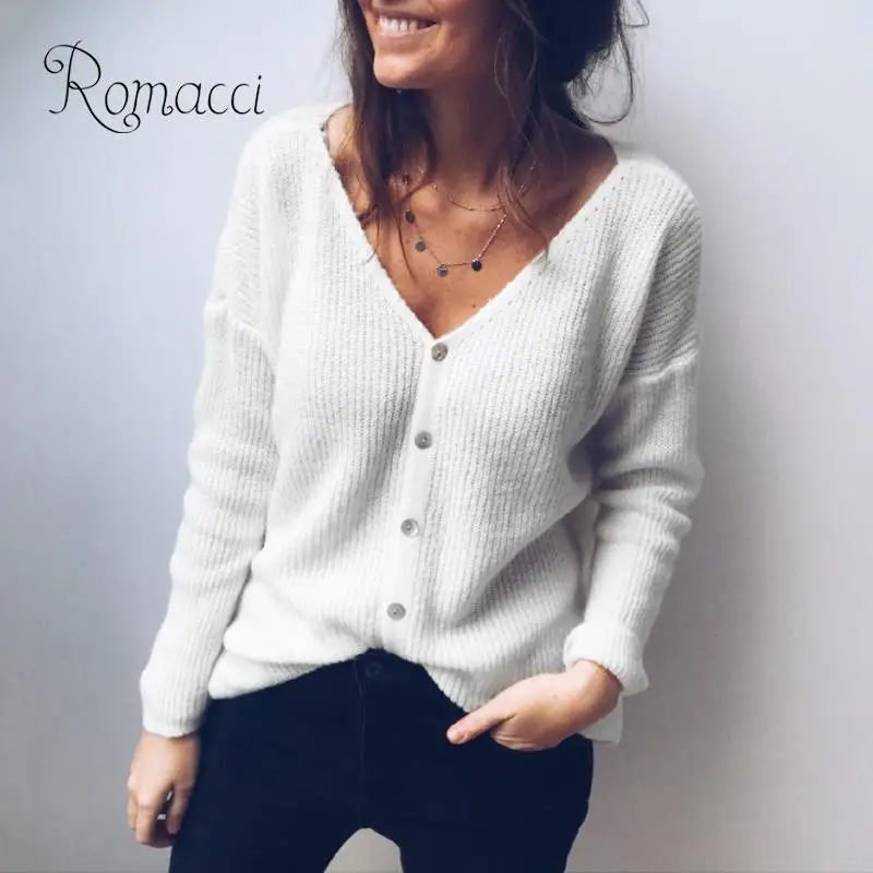 

New Auutmn Women Knitted Sweater Solid Sexy V Neck Button Long Sleeve Loose Jumper Cardigan Outerwear Knitwear Jacket for Women