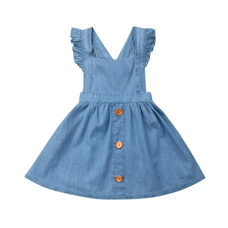 

Toddler Kids Baby Bibs Girls Children Cross Straps Ruffle Solid Summer Jean Dress Princess Party Tutu Button Dresses Sundress