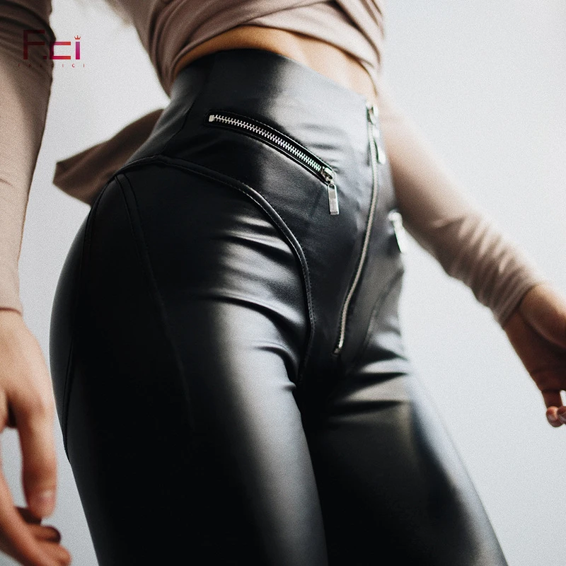 Skup 2019 kobiet Sexy PU skórzane legginsy z zamek błyskawiczny z przodu wysokiej talii Push Up spodnie ze sztucznej skóry guma lateksowa spodnie legginsy