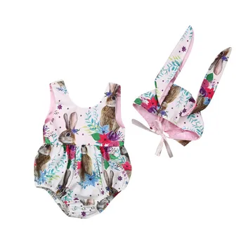 

Easter Rabbit Romper For Gilrs 2019 Summer Newborn Baby Girl Cotton Romper Sleeveless Jumpsuit+Hat Outfits New Born Clothes 0-2Y