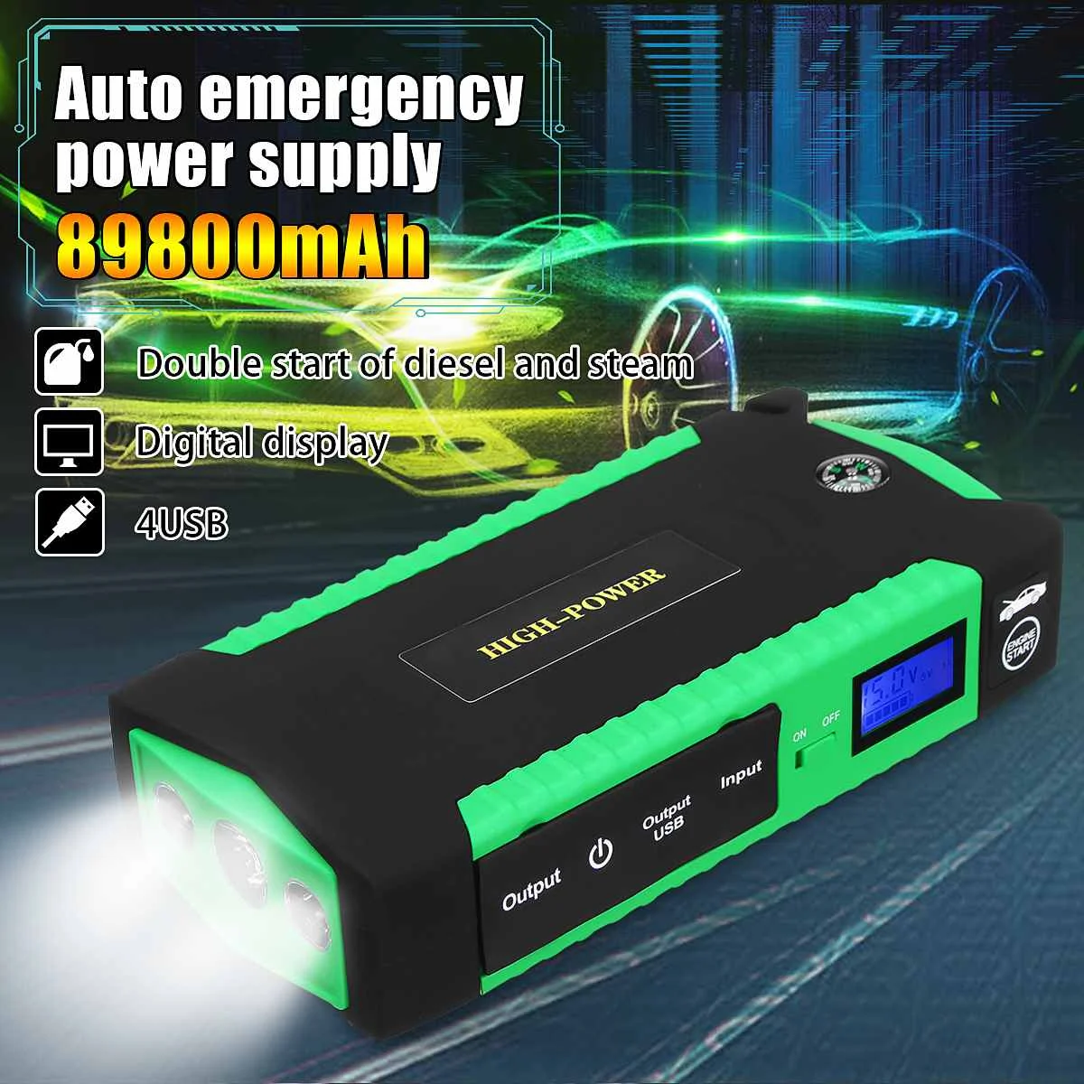 

Multifunction Car Jump Starter 89800mAh 4USB 12V Emergency Charger Battery Power Bank Booster Diesel Petrol Starting Device