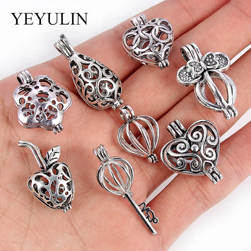

8Pcs Antique Silver Key Love Heart Shape Alloy Locket Pearl Cage Pendant For DIY Essential Oil Diffuser Necklace Accessories