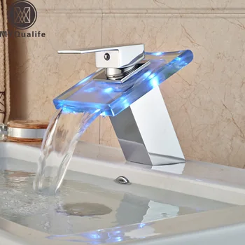 

Luxury Free Shipping LED Color Changing Basin Faucet Bathroom Deck Mount Waterfall Glass Mixer Taps Chrome Finish