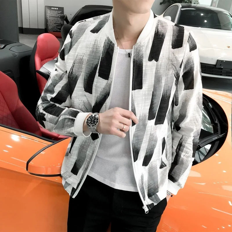 Summer Jacket Men Stand Collar Print Casual Baseball Jackets Nightclub Bar Party Clothes Sunscreen Jacket Fashion Bomber Coat Summer Jacket Men Stand Collar Print Casual Baseball Jackets Nightclub Bar Party Clothes Sunscreen Jacket Fashion Bomber Coat