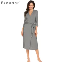 Ekouaer, длинный женский халат, 3/4 рукав, сплошной, свободный, v-образный вырез, с поясом, банный халат, ночной сексуальный халат, ночной рост, кимоно, халат, размер s-xl