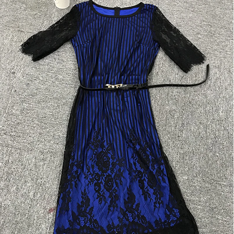 Kenancy 2XL 2018 Belted Sexy Striped Floral Lace Dress Women Party Half Sleeve Knee-Length Vestidos Contrast Color Recommend