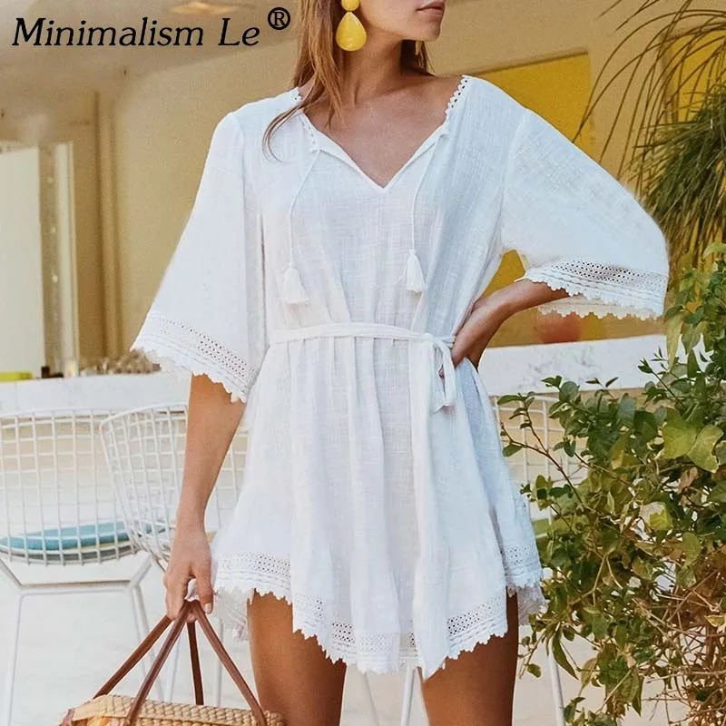 

Minimalism Le V Neck Bandage Cover Up Bikinis Solid Swimsuit Women Sexy Beach Dress 2019 Swim Suit Beachwear Vestidos Playeros